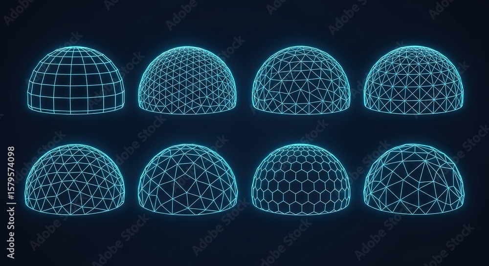 Poster collection of glowing cyan geodesic domes and wireframe spheres showcasing diverse geometric pattern