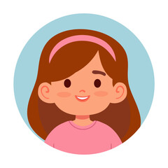 Girl avatar with long brown hair isolated on white background. Ideal for school related projects, kids apps and learning platforms.