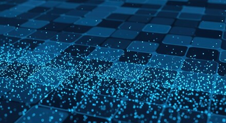 Obraz premium Abstract digital grid with glowing blue particles representing data flow and connectivity in a network