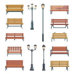 Fototapeta premium Collection of various park benches and street lamps in flat design style