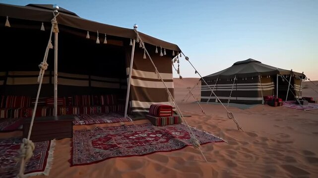 Arabian Desert Nomad Encampment Featuring Traditional Brown And White Tents And Red Rugs Under Clear Sky Perfect For Decoration And Cultural Projects