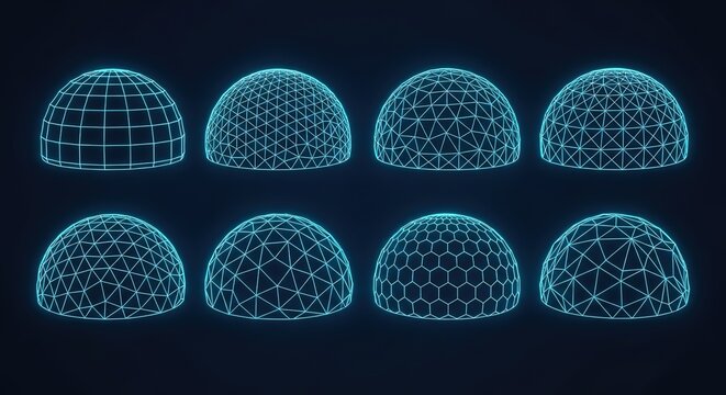Collection of glowing cyan geodesic domes and wireframe spheres showcasing diverse geometric patterns and structures
