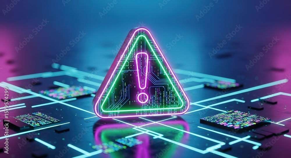 Poster futuristic neon exclamation mark warning symbol on circuit board with glowing lines and data chips