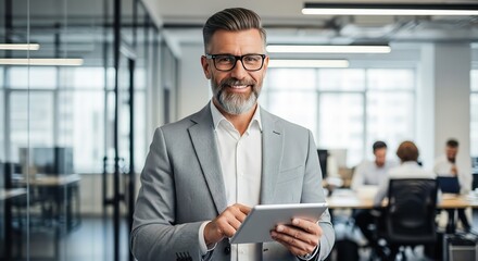 Smiling middle aged businessman in a grey pinstripe suit holding a tablet in a modern office environment