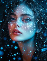 A dreamy portrait of a woman with glowing blue eyes, surrounded by sparkling stars and light particles, giving a magical, cosmic aura under a surreal, celestial glow.