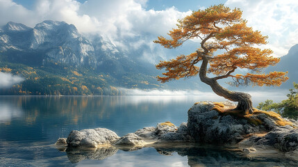 Solitary autumn tree by calm lake and majestic mountains