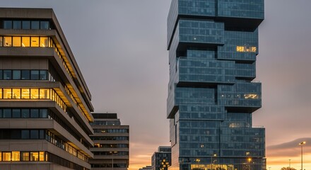 Modern architectural contrast at dusk featuring a glass skyscraper and a concrete office building with illuminated interiors