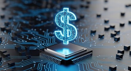 Digital dollar symbol illuminates on a futuristic circuit board with glowing blue lines and components