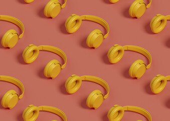 Seamles isometric pattern of yellow headphones. 3d illustration.