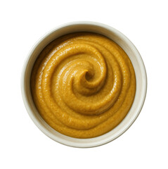 Creamy Mustard Sauce in White Ceramic Bowl, Swirled Texture for Dipping, Topping, or Cooking, Isolated on Transparent and White Background