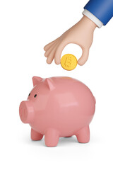 Cartoon hand putting a Bitcoin in a piggy bank. 3d illustration.