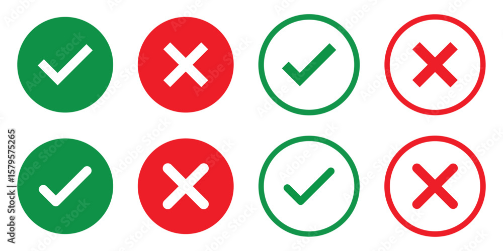 Poster set green approval check mark and red cross icons in circle and square, checklist signs, flat checkm
