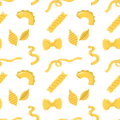 Seamless pattern with pasta types. Italian food, penne, ravioli, spaghetti, fettuccine. Vector for menu, restaurant, culinary, kitchen designs. Doodle flat style, isolated on white background