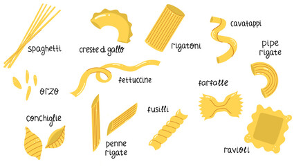 Set of different pasta types. Italian food, penne, ravioli, spaghetti, fettuccine. Vector for menu, restaurant, culinary, kitchen designs. Doodle flat style, isolated on white background