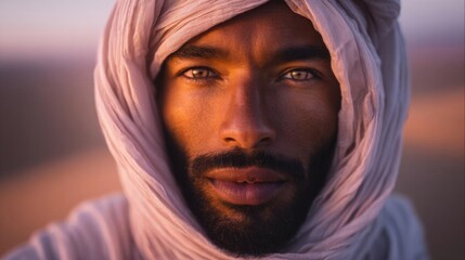 Close-up portrait of a man's face. he is wearing a white turban on his head and a white robe. the man has a beard and mustache and is looking directly at the camera with a serious expression.