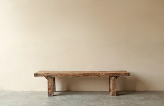 Rustic wooden bench with rough-hewn texture rests against smooth light beige wall. Natural wood grain, solid construction suggest durability, organic design. Placed on clean concrete floor, piece