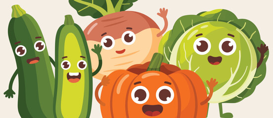Naklejka premium Cute Cartoon Vegetables Group