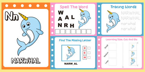 worksheets pack for kids a narwhal vector. © isna eni