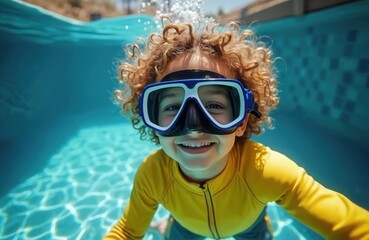 Curly-haired boy wears scuba mask underwater in pool. Smiling child in yellow shirt swims with snorkel goggles. Summer fun, childhood joy, aquatic adventure, pool day, vacation activity, water sport.