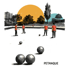 Illustrative scene of players playing petanque outdoors in summer  