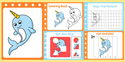 worksheets pack for kids a narwhal vector. © isna eni