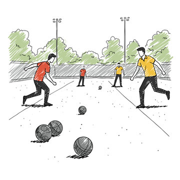 Petanque. Four men playing boules outdoors in a park during daytime  