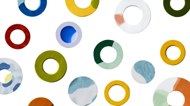 A playful arrangement of colorful circles and rings against a dark background creating a vibrant pattern