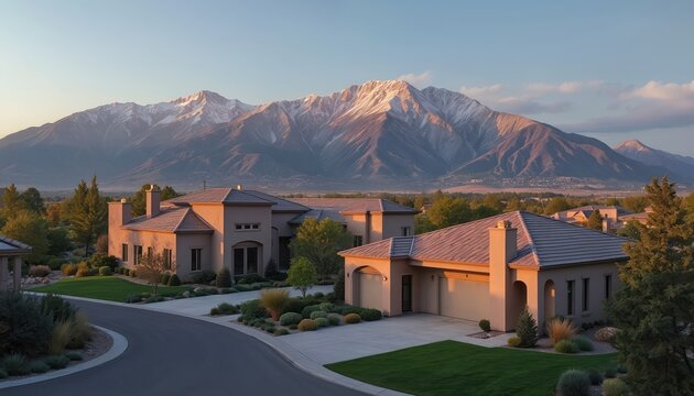 Modern stucco homes with tile roofs, manicured lawns sit against backdrop of snow-capped Rocky Mountains near Denver, Colorado. Scene represents luxury, nature, community, tranquility, sound real - Powered by Adobe