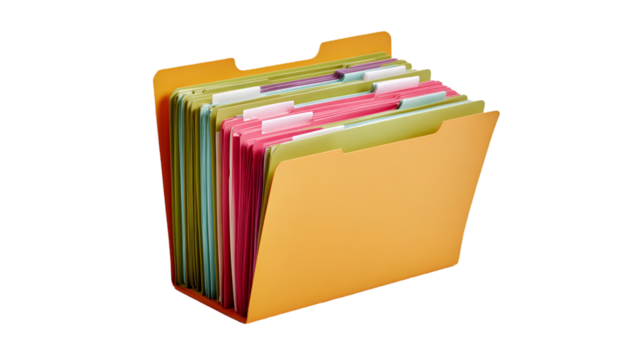 A close up shot of a file folder organizer with multiple colored folders on a black background