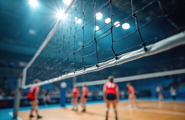 Volleyball match, players in red uniforms on court with net in focus. Dynamic lighting illuminates indoor arena. Teamwork and determination evident in athletic competition, fitness training.