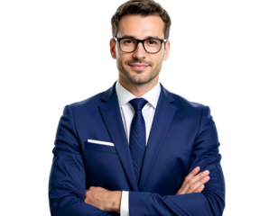 Photorealistic portrait of John Dana, a male news anchor wearing a navy blue suit wit