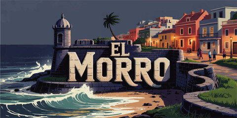 Vibrant Evening Illustration of El Morro Fortress and Old San Juan Waterfront, Puerto Rico, with Colorful Colonial Buildings
