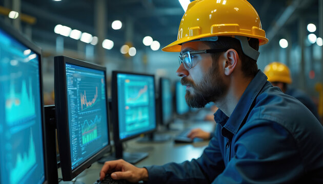 Engineer with hard hat, glasses analyzes factory data on computer monitors. Focus on production control, industrial technology, workflow automation. Man supervises quality control in manufacturing