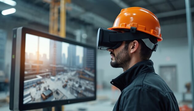 Man wearing VR headset interacts with digital construction site simulation on screen. Orange helmet signifies safety, industry focus. Virtual reality enhances architecture planning, engineering