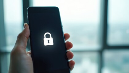 Smartphone screen displays white padlock icon digital security, privacy protection. Hand holding mobile device, concept for secure communication, data safety, anti-spam measures, online access