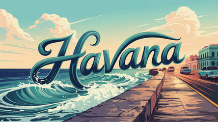 Havana Seaside Boulevard Illustration – Vintage Cars, Ocean Waves & Colorful Skyline at Sunset, Retro Cuban Cityscape Art