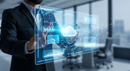 A man in a suit interacting with a futuristic interface displaying cloud computing technology and data charts