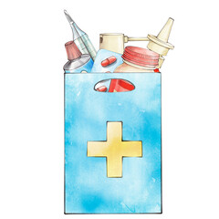 Medicines and pills in blue plastic bag with a yellow cross. Watercolor illustration with outline isolated on white background. Jar with pills, blisters with tablets and capsules, thermometer, tube