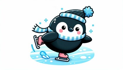 Adorable Cartoon Penguin Ice Skating in Winter