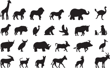 Diverse African wildlife silhouettes giraffe lion
