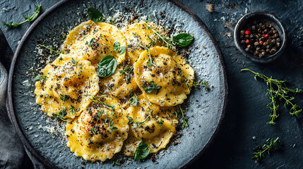 Ravioli al Tartufo Ravioli filled with truffle and ricotta.