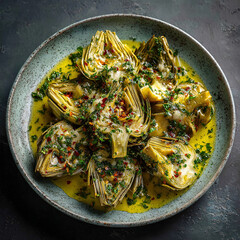 Carciofi alla Romana Artichokes braised with herbs and garlic in olive oil on a black ceramic plate 