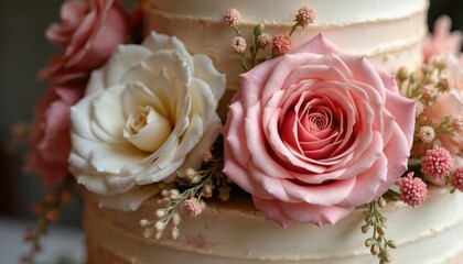 Obraz premium Elegant wedding cake decorated with pink, white roses, delicate blossoms, soft cream frosting. Multi-tiered dessert perfect for celebrations, receptions, special events, adding touch of floral
