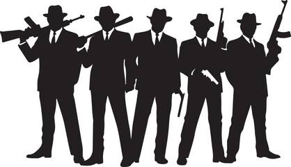 Five men in suits and hats holding weapons silhouette guns