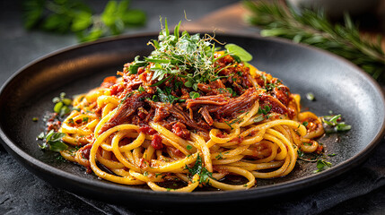 Thick spaghetti with duck ragout. Presented on a black plate placed at the center