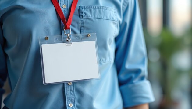 Red lanyard holds blank identification card on person wearing blue buttoned shirt. Clear plastic holder displays empty name tag. Professional accessory for business, office, event staff