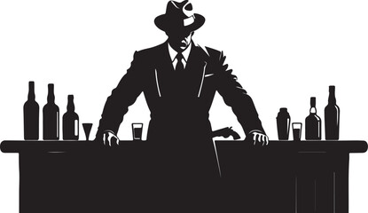 Man in suit and hat behind bar with bottles and gun vector