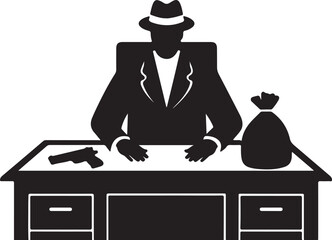 Man in suit and hat with gun and money bag at desk vector