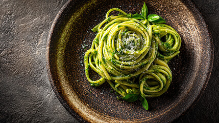 Trofie al Pesto Short twisted pasta with Genovese pesto on a plate