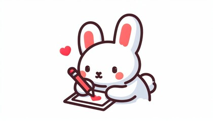 Obraz premium Cute White Bunny Drawing a Heart with a Red Pencil